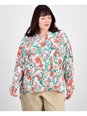 Tommy Hilfiger Plus Size 1X Floral-Print Popover Tunic White Red Green $90 SALE